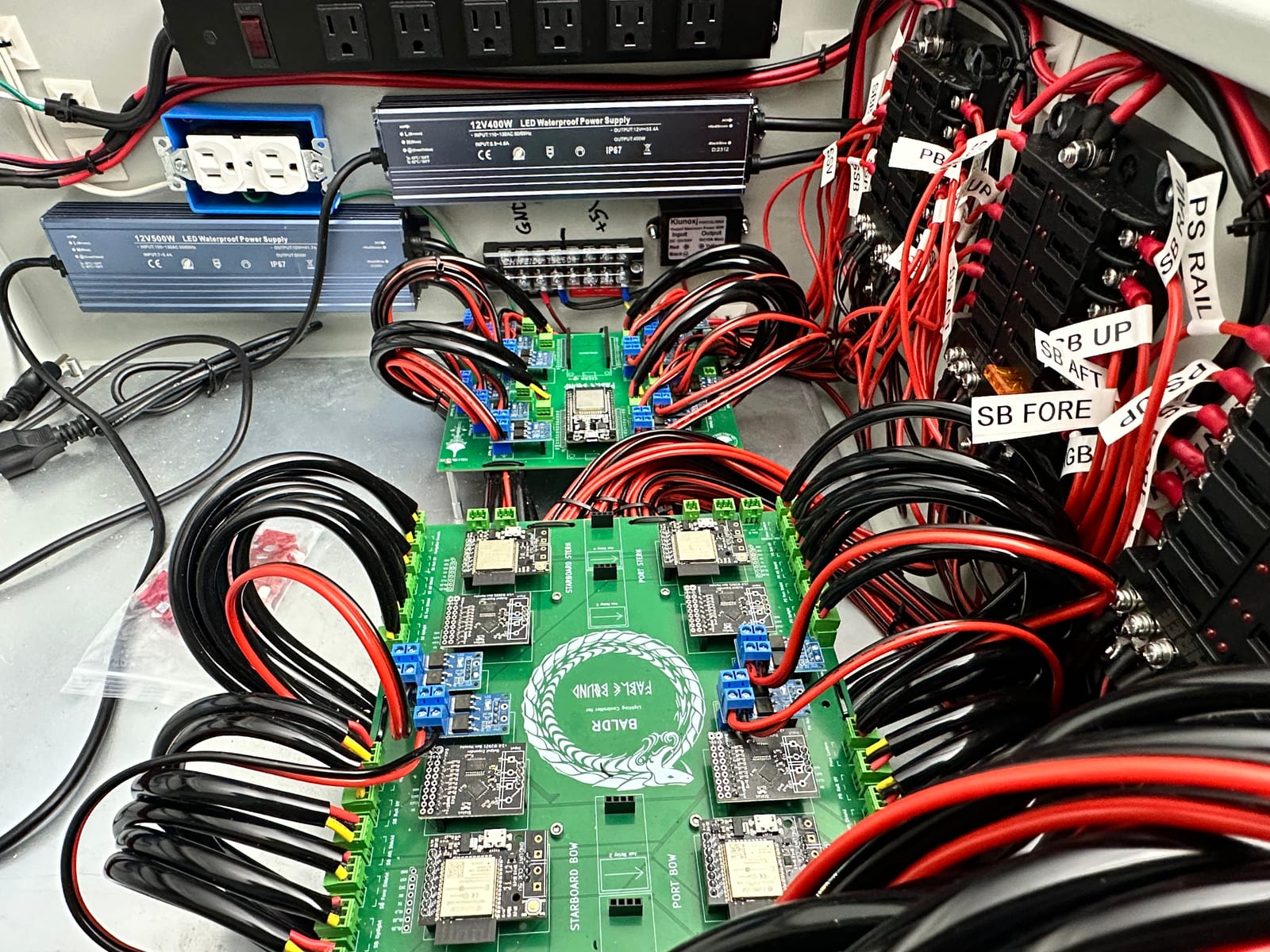 The control electronics laid out on a bench — a green custom circuit board marked FABLE BOUND carrying four ESP32 modules and relay boards, wired to 12-volt supplies through a labeled harness reading PS RAIL, SB UP, SB AFT and SB FORE