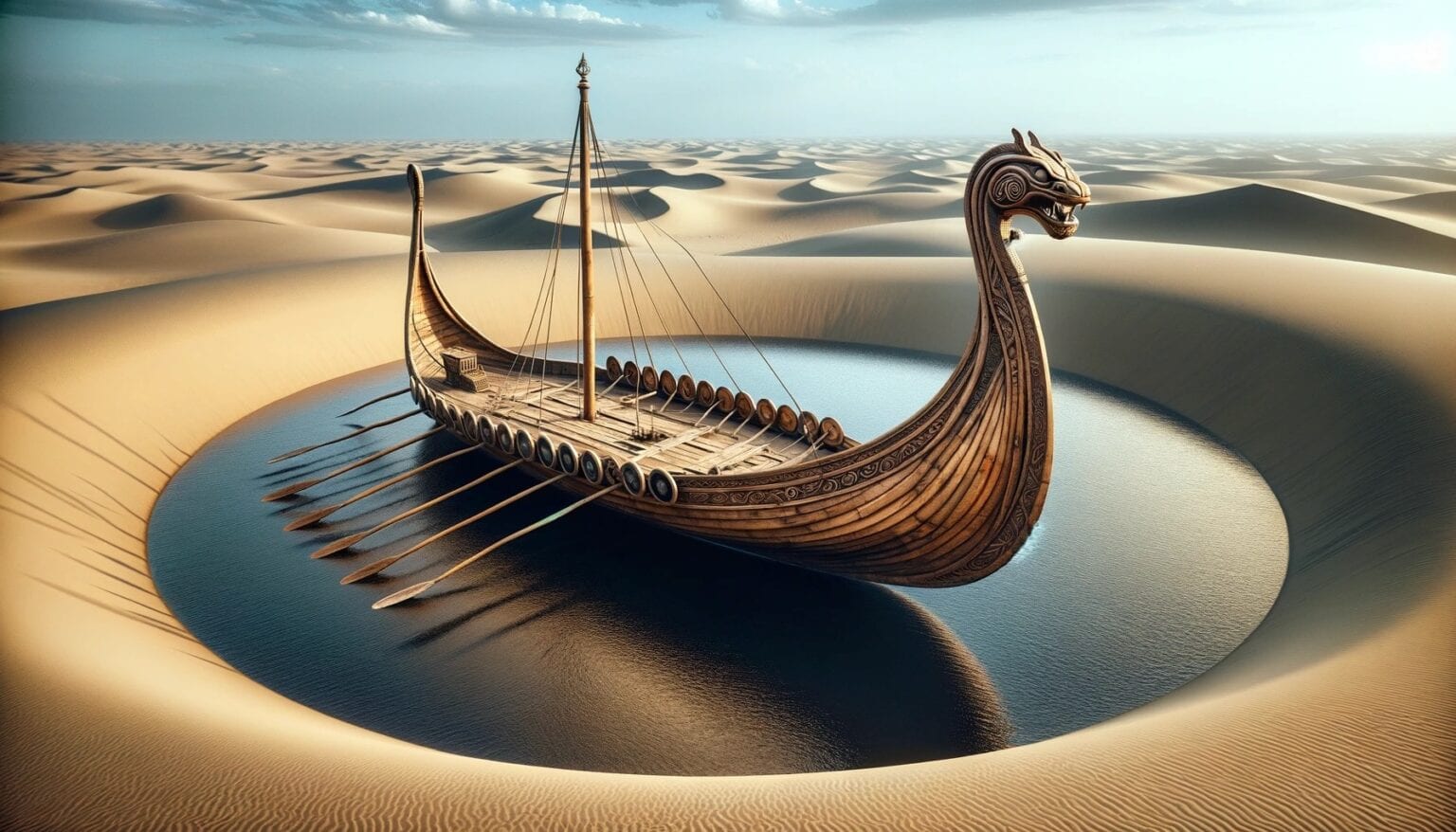 An AI-generated concept rendering of a viking longship resting in a circular depression in desert dunes